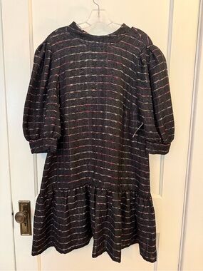 Fresha Black Puff Sleeve Dress with Multicolor Accent Stripes